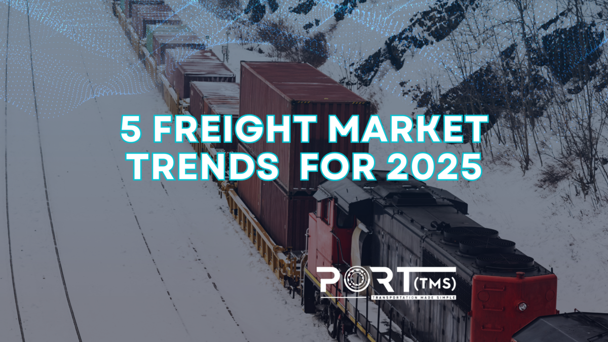 5 Freight Market Trends for 2025 – A multimodal shipment with rail cargo train moving through a snowy terrain, representing the dynamic changes and advancements in logistics and transportation.