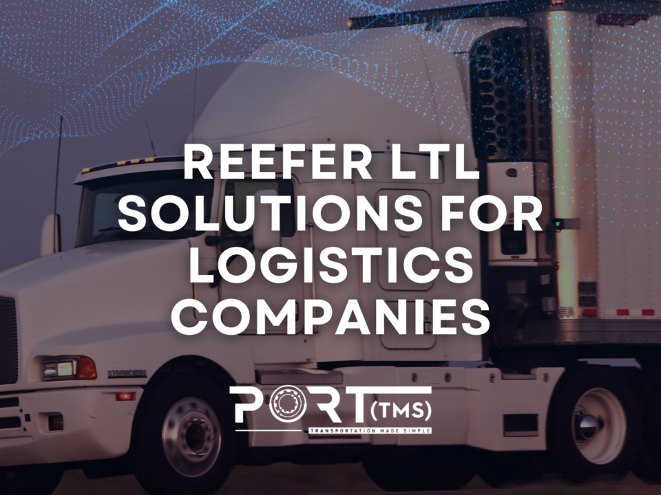White refrigerated truck labeled with Port TMS branding, symbolizing Reefer LTL Solutions for Logistics Companies, driving under a digital network overlay representing seamless connectivity and temperature-controlled freight solutions.