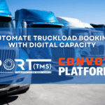 A row of bright blue semi-trucks parked in a lot with overlay text that reads “Automate Truckload Booking with Digital Capacity – Port TMS + Convoy Platform.” The image represents digital freight automation and large-scale carrier access.