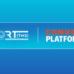 Port TMS and Convoy Platform partnership graphic. The Port TMS logo on the left with the tagline 'Transportation Made Simple,' and the Convoy Platform logo on the right in bold red and white text. Both logos are placed on a blue gradient background with a vertical divider line between them.