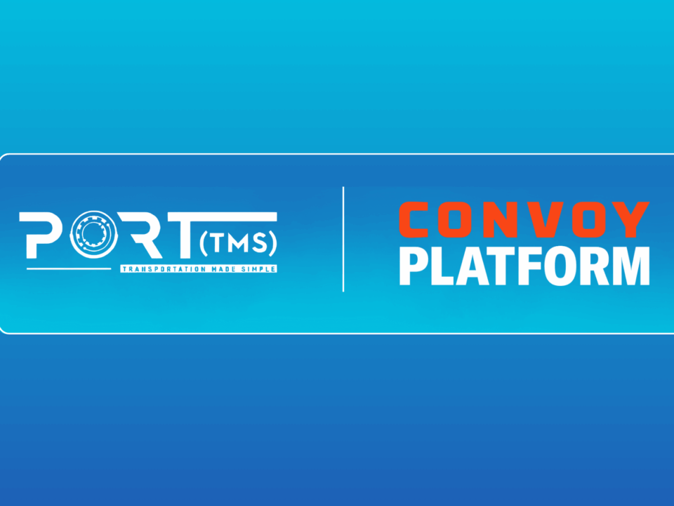 Port TMS and Convoy Platform partnership graphic. The Port TMS logo on the left with the tagline 'Transportation Made Simple,' and the Convoy Platform logo on the right in bold red and white text. Both logos are placed on a blue gradient background with a vertical divider line between them.