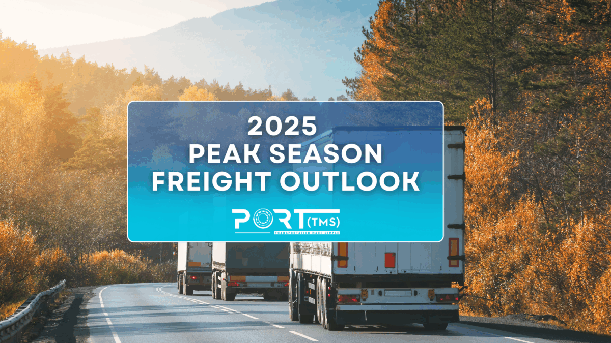 Three semi-trucks driving on a curving highway surrounded by fall foliage and mountains, with a bold overlay text reading '2025 Peak Season Freight Outlook – Port TMS' in the center.