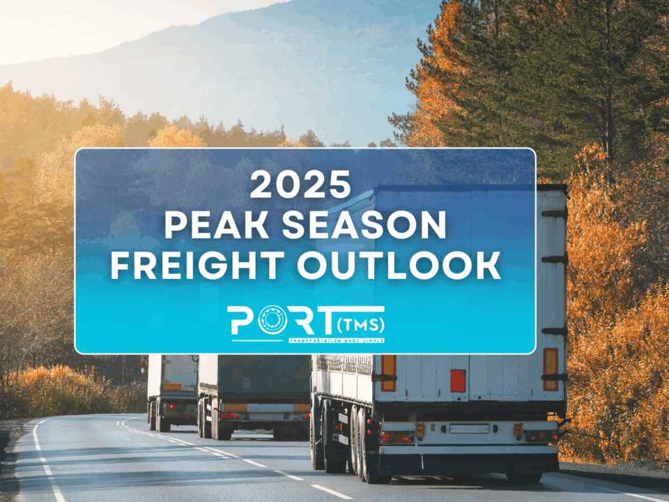 Three semi-trucks driving on a curving highway surrounded by fall foliage and mountains, with a bold overlay text reading '2025 Peak Season Freight Outlook – Port TMS' in the center.